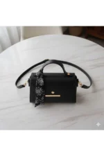 Women Black Faux Leather Shoulder Bag with Scarf Detail Elegant Daily Handbag Tote - Image 3