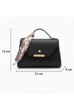 Women Black Faux Leather Shoulder Bag with Scarf Detail Elegant Daily Handbag Tote - Image 5