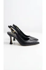 Women Black Matte Pointed Toe Ankle Strap Heels
