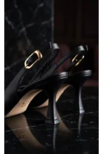 Women Black Matte Pointed Toe Ankle Strap Heels - Image 5