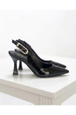 Women Black Patent Pointed Toe Ankle Strap Heels