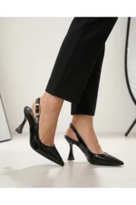 Women Black Patent Pointed Toe Ankle Strap Heels - Image 2