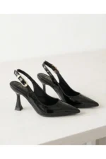 Women Black Patent Pointed Toe Ankle Strap Heels - Image 3