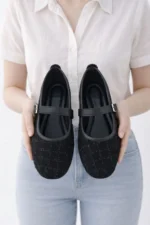 Women Black Tweed Fabric Mary Jane Flats Fashion Buckle Comfortable Shoes