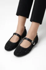 Women Black Tweed Fabric Mary Jane Flats Fashion Buckle Comfortable Shoes - Image 2