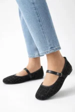 Women Black Tweed Fabric Mary Jane Flats Fashion Buckle Comfortable Shoes - Image 3