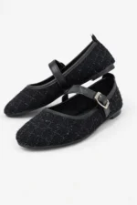 Women Black Tweed Fabric Mary Jane Flats Fashion Buckle Comfortable Shoes - Image 5