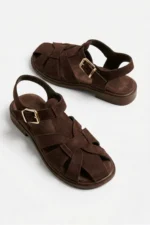 Women Brown Suede Cage Sandals Elegant Strappy Block Heel Shoes