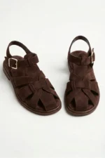 Women Brown Suede Cage Sandals Elegant Strappy Block Heel Shoes - Image 2
