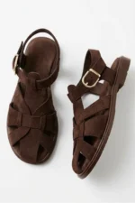 Women Brown Suede Cage Sandals Elegant Strappy Block Heel Shoes - Image 3