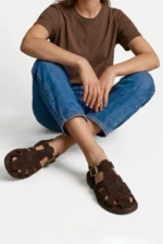 Women Brown Suede Cage Sandals Elegant Strappy Block Heel Shoes - Image 4