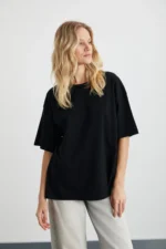 Women's 100% Organic Cotton Heavyweight Oversized Crew Neck Black T-Shirt - Image 3