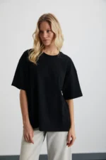 Women's 100% Organic Cotton Heavyweight Oversized Crew Neck Black T-Shirt - Image 4