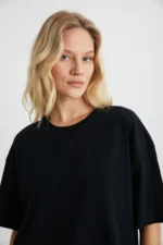 Women's 100% Organic Cotton Heavyweight Oversized Crew Neck Black T-Shirt - Image 5