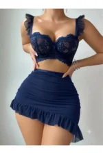 Women's 3-Piece Navy Blue Lace Detail Ruffled Nightwear Set