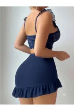 Women's 3-Piece Navy Blue Lace Detail Ruffled Nightwear Set - Image 2