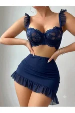 Women's 3-Piece Navy Blue Lace Detail Ruffled Nightwear Set - Image 4