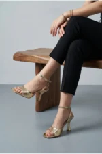 Women's Ankle Strap High Heel Shoes Gold - Image 2