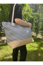 Women's Beige Patterned Large Beach and Shoulder Bag with Soft Handles - Image 2