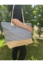 Women's Beige Patterned Large Beach and Shoulder Bag with Soft Handles - Image 3
