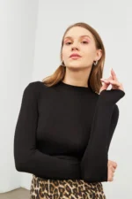 Women's Black Crew Neck Thumbhole Bodysuit - Image 2