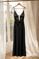 Women's Black Deep V-Neck Lace Detail Form-Fitting Nightgown - Image 5
