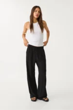 Women's Black Linen Blend Wide Leg Trousers