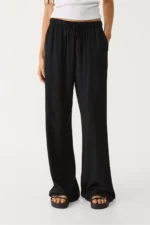 Women's Black Linen Blend Wide Leg Trousers - Image 2