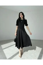 Women's Black Puff Sleeve Midi Dress - Square Neck Slit Cocktail Dress