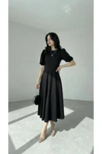 Women's Black Puff Sleeve Midi Dress - Square Neck Slit Cocktail Dress - Image 2