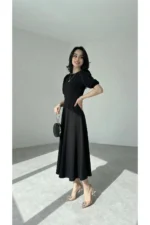 Women's Black Puff Sleeve Midi Dress - Square Neck Slit Cocktail Dress - Image 3