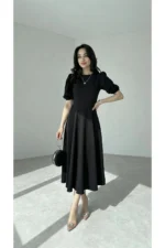 Women's Black Puff Sleeve Midi Dress - Square Neck Slit Cocktail Dress - Image 4