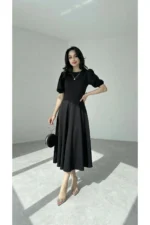 Women's Black Puff Sleeve Midi Dress - Square Neck Slit Cocktail Dress - Image 5