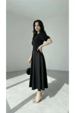 Women's Black Puff Sleeve Midi Dress - Square Neck Slit Cocktail Dress - Image 6