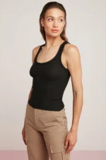 Women's Black Ribbed Basic Tank Top - Stylish and Comfortable Thick Strap Design - Image 2