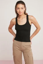Women's Black Ribbed Basic Tank Top - Stylish and Comfortable Thick Strap Design - Image 3
