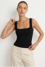 Women's Black Ultra Premium Soft Square Neck Strappy Bodysuit