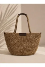 Women's Brown Marled Straw Large Beach Bag with Magnetic Closure - Image 3