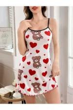 Women's Cute Teddy Bear and Heart Print Cotton Nightwear Set - Image 3