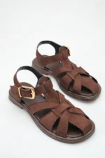 Women's Dark Brown Suede Buckle Detail Flat Sandal