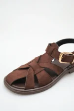 Women's Dark Brown Suede Buckle Detail Flat Sandal - Image 5