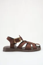 Women's Dark Brown Suede Buckle Detail Flat Sandal - Image 6