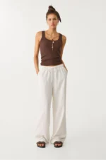 Women's Ecru Linen Blend Wide Leg Trousers