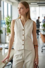 Women's Ecru V-Neck Slim Fit Lined Linen Look Vest - Image 3