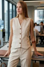 Women's Ecru V-Neck Slim Fit Lined Linen Look Vest - Image 4