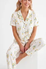 Women's Floral Print Short Sleeve Crinkle Pajama Set - Image 2