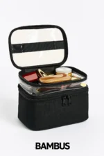 Women's Makeup Bag - Dual Compartment Hanging Foldable Travel & Cosmetic Organizer - Black