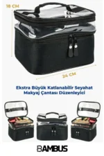 Women's Makeup Bag - Dual Compartment Hanging Foldable Travel & Cosmetic Organizer - Black - Image 7