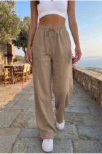 Women's Mink Linen Blend Elastic Waist Wide Leg Pants