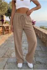 Women's Mink Linen Blend Elastic Waist Wide Leg Pants - Image 3